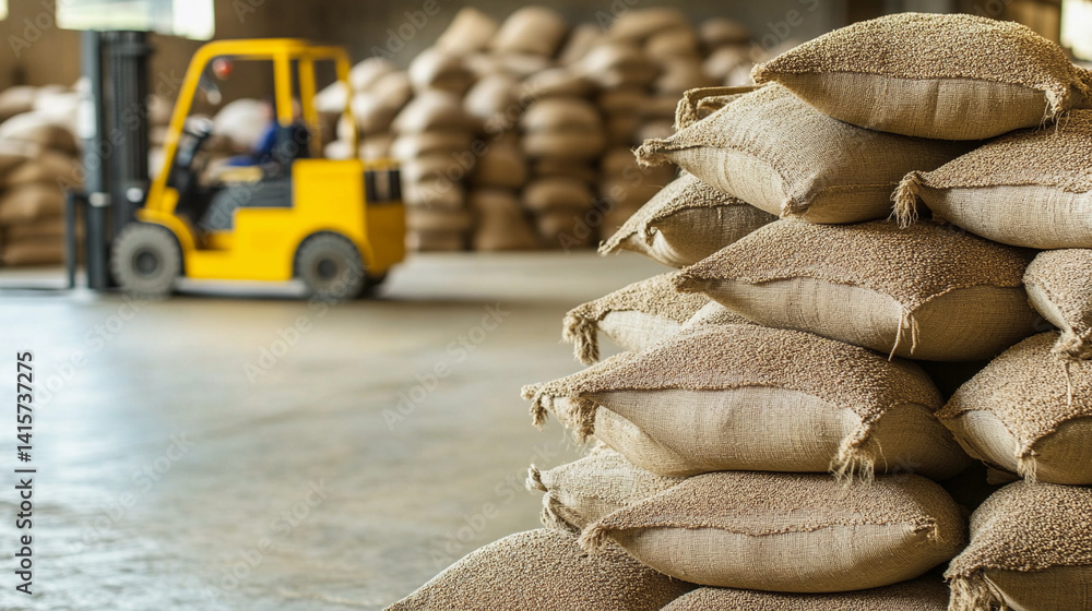 Poster bags of grain stacked in warehouse ready for distribution generative ai