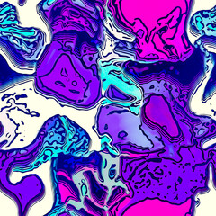 Modern marbled boho seamless pattern. Funky blue pink wavy fashion background design. Painterly swirl effect for summer retro 80s vibes.