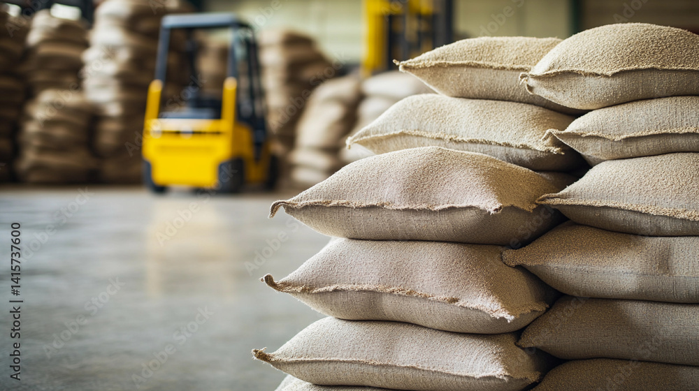 Poster stacked bags of grain in a spacious warehouse setting generative ai