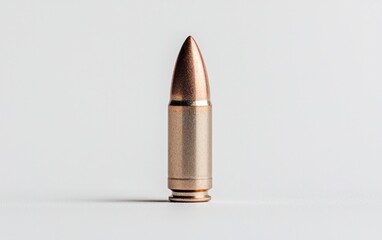 Single bullet casing on a light gray background. The casing is metallic with a copper-colored tip, standing upright. Close-up studio shot