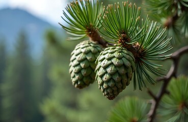 Fototapeta premium Close-up of two green Lodgepole pinecones on branch with green needles. Coniferous forest with blurred background of mountains. Nature details, fresh pine cones outdoors during spring or summer.