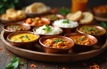 Fototapeta premium Variety of Indian dishes in copper bowls. Paneer butter masala, dal makhani, palak paneer, rice, roti. Traditional Indian lunch dinner. Food photography, appetizing presentation. Culinary art.