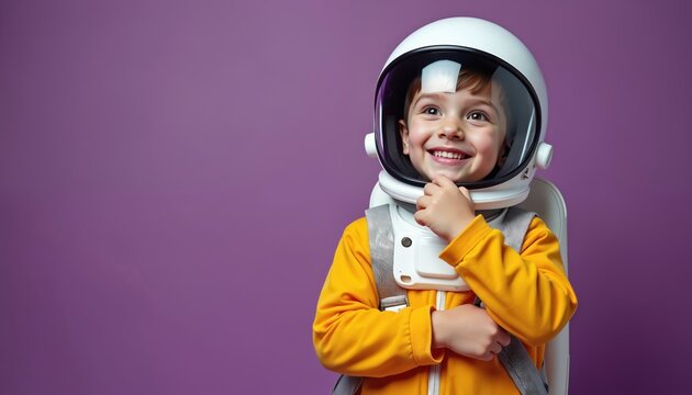 Smiling boy astronaut in futuristic spacesuit poses against vibrant purple backdrop. Young child with hopeful expression looks up dreaming of space travel. Concept for future exploration adventures.