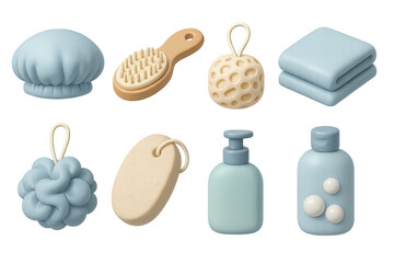 3d bathroom essentials icon set: shampoo, soap, towel, and more