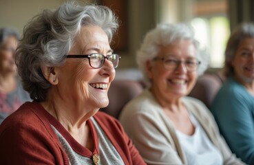 Group senior women smiling in nursing home. Happy elderly ladies in eyeglasses enjoy active retirement life. Senior center class, discussion, training, education, lifelong learning, casual attire.