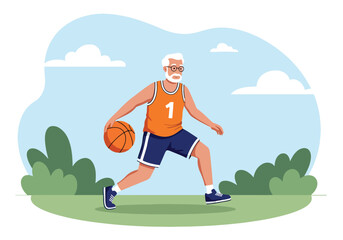 Illustration of an elderly man practicing basketball outdoors. Exercise, recreation, and active seniors