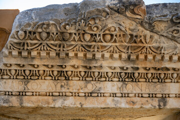 Ruins Myra Ancient City in Demre to Antalya, archaeology landmarks of Turkey. Remains of theatre in Myra, Greco-Roman ancient city in Antalya, Turkey.