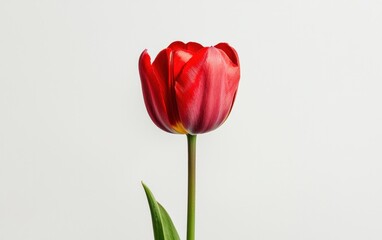 Fototapeta premium Single red tulip levitates against a solid white background. The tulip is in sharp focus, showcasing its rich color and delicate details. The image is clean and simple, with a minimalist aesthetic
