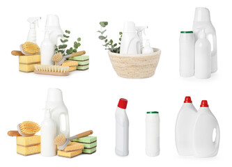 Different cleaning products on white background, collage