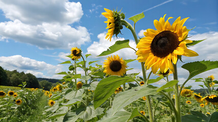 Field of yellow sunflower flowers against a background of clouds. Sunflower sways in the wind. Beautiful fields with sunflowers in the summer in rays of bright sun. Crop of crops ripening in field