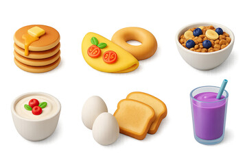 3d breakfast icons set: pancakes, omelette, cereal, yogurt, eggs, toast, smoothie