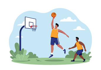 Two basketball players competing on an outdoor court. Sport, competition, and teamwork concept