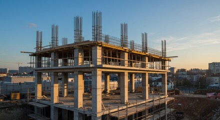 Building under construction with exposed rebar against a blue sky at daytime.