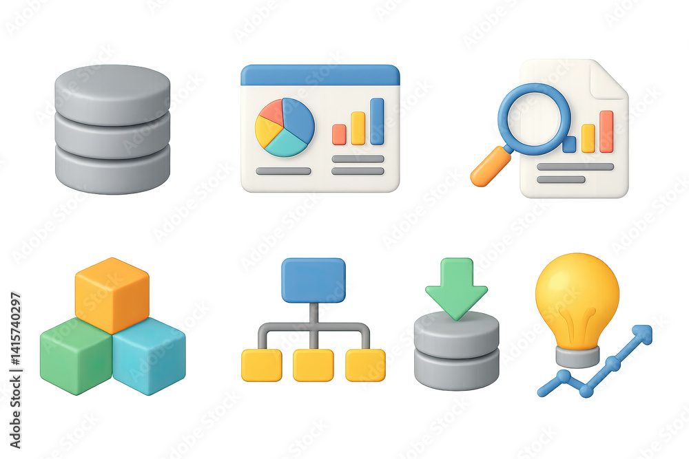 Poster 3d data management icons set: database, analytics, hierarchy, innovation