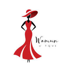 Elegant Woman in Red Dress and Hat Boutique Logo
