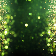 Sparkling glitter on dark green gradient background, bokeh. Abstract festive backdrop