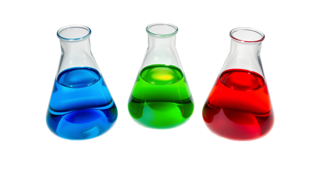 Photo of erlenmeyer flasks filled with colored liquid isolated on transparent background.png