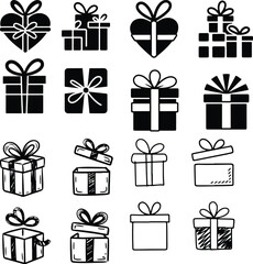 Gift with Bow Doodle Sketch | Present Outline Silhouette Set Hand Drawn Gift Box Outline | Bow & Ribbon Silhouette Collection


