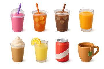 Colorful 3d drinks icon set: smoothie, coffee, soda, and more