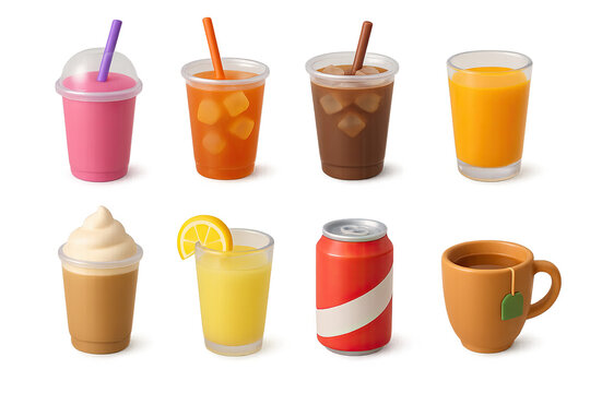 Colorful 3d drinks icon set: smoothie, coffee, soda, and more