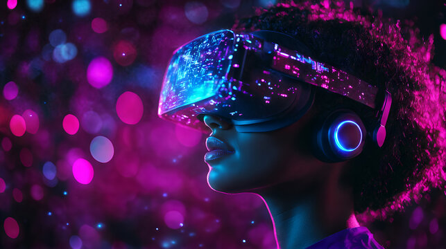 African woman experiencing virtual reality gaming with futuristic vr headset and neon lights