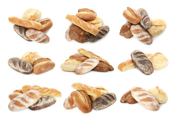 Different types of bread isolated on white, set