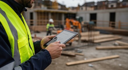 Construction worker uses tablet device at construction site with building materials.