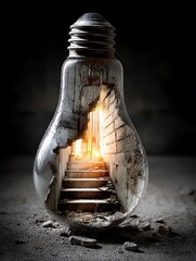 Old glass bottle, a vintage container, holds a light bulb seemingly ignited by fire, isolated in a brown wicker basket A bulb encases aging stairs and a partially demolished wall.