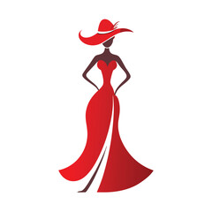Elegant Woman in Red Gown and Wide Brim Hat
