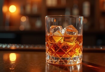 chilled whiskey glass amber spirit ice refreshing drink glow bar atmosphere, cocktail, liquid, alcohol, liquor, smooth, bottle, brandy, foam, refreshment