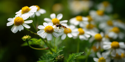 Close-up of hoverfly on white daisy flower, yellow center, blurred background of similar flowers, depicting nature's delicate beauty and pollination