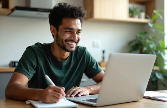 Smiling Indian man uses laptop, studies online, takes notes. Male student studying, e-learning concept. Attractive young man, remote work in home office, education, webinar, conference, work from