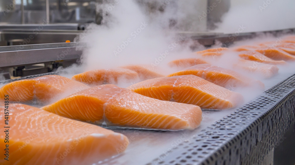 Poster fresh salmon fillets on production line with steam generative ai