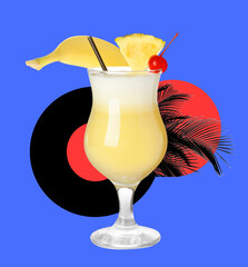 Summer party vibe. Pina colada cocktail with fruits, vinyl record and palm leaves on bright color background, creative collage