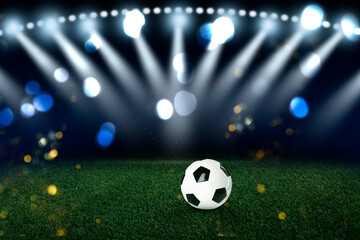 Soccer ball on green grass at stadium. Football game