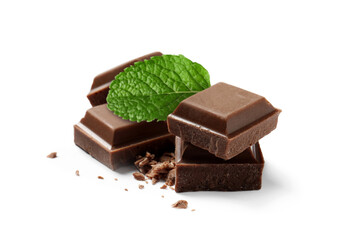 Milk chocolate pieces and mint leaf on white background