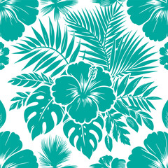 A black silhouette repeating vector graphic in a Hawaiian aesthetic, showcasing hibiscus blooms alongside tropical foliage such as palm and monstera leaves, suitable for wallpaper._traced