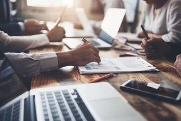 Office laptop, diversity and business people reading online report, website design feedback or research project Collaboration, staff mentor and team designer working on company homepage development