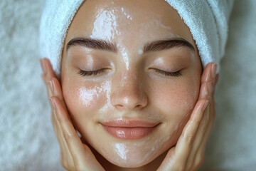 Woman with towel on head and face mask, sitting in a cozy robe, holding a cup of tea, smiling at camera in a spa setting with soft lighting and green plants.