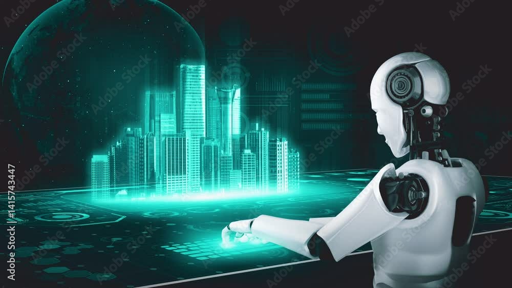 Poster robot hominoid use laptop and sit at table for global network connection using ai thinking brain , a