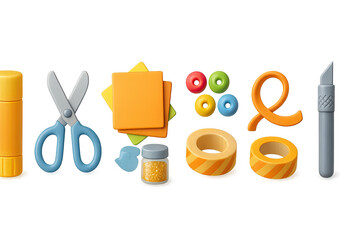 Colorful 3d crafting icons set featuring scissors, glue, papers, beads, tape, and more