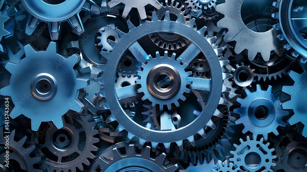Poster close-up view of interlocking metal gears and cogs with intricate teeth. industrial mechanism backgr