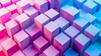 Abstract background of 3D cubes arranged at varying heights, illuminated by a vibrant pink and blue gradient light. Geometric pattern or data block concept.

