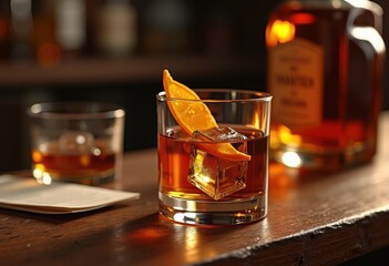 classic old fashioned whiskey glass rustic wooden bar still life tasting experience warm atmosphere, vintage, cocktails, cocktail, liquid, drink, tumbler