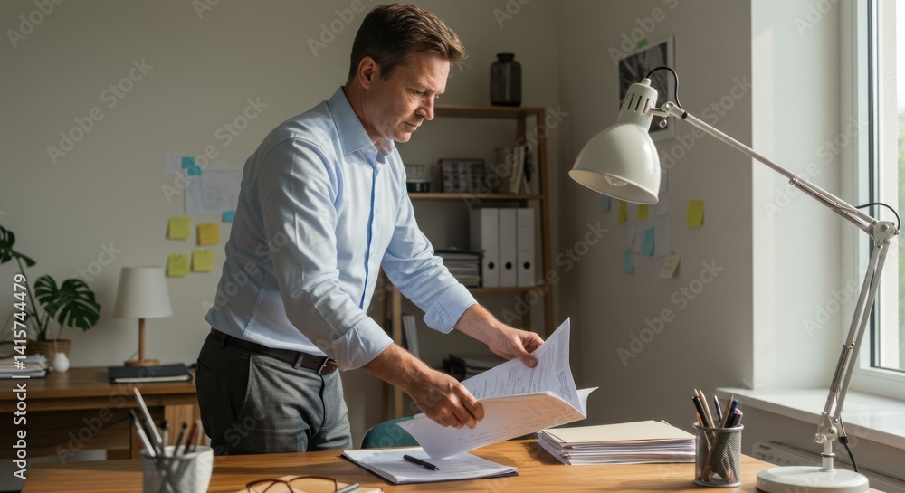 Poster man stands at desk reviewing documents in bright office setting.