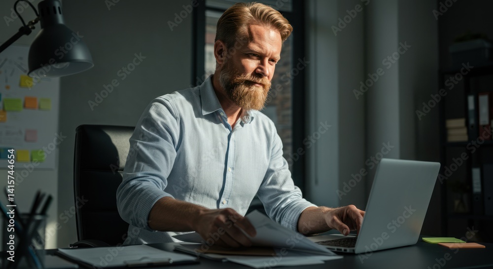 Poster man with beard working on laptop in office with papers and lamp.