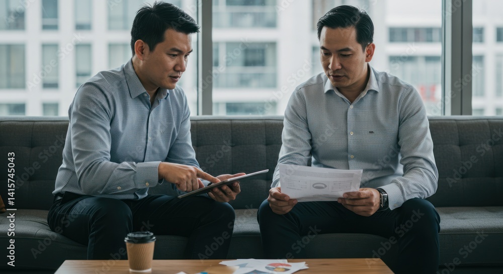 Poster two men discuss documents in a modern office setting near a window.