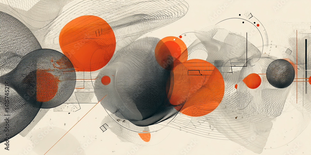 Poster Abstract art featuring orange and gray textured spheres, overlaid with geometric lines and translucent mesh.  It showcases a modern, dynamic design concept