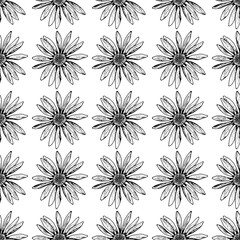 Seamless black and white pattern with hand drawn daisy-like flowers. Suitable for natural cosmetics, herbal tea packaging, eco fabric, wedding stationery, and rustic botanical design.