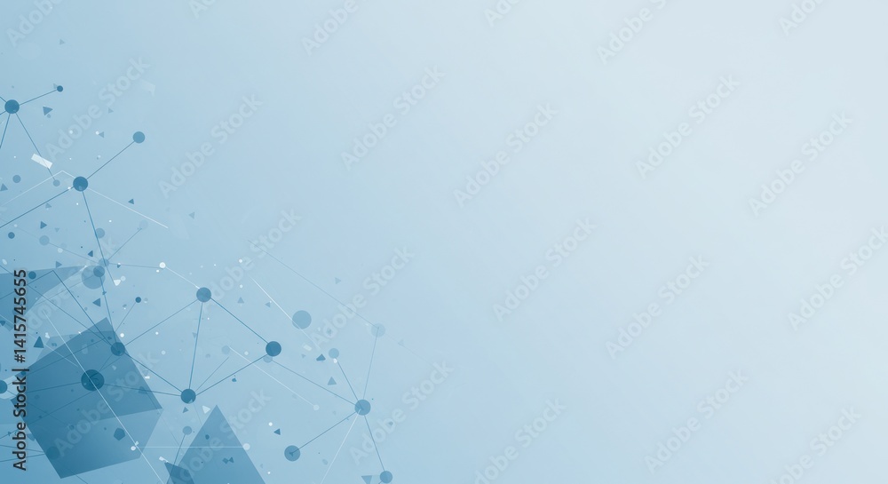Poster abstract blue background with connected dots and cubes forming a network pattern.